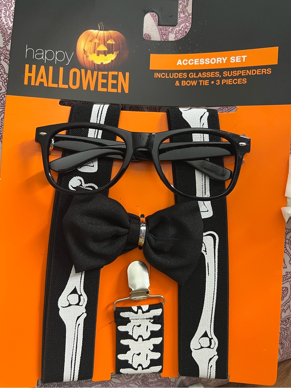 Adults Halloween Skeleton Suspenders, Bow Tie & play glasses Accessory Set NWT